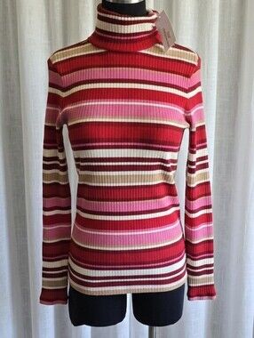 Vineyard Vines Striped Ribbed Turtleneck in Red, Pink & Cream